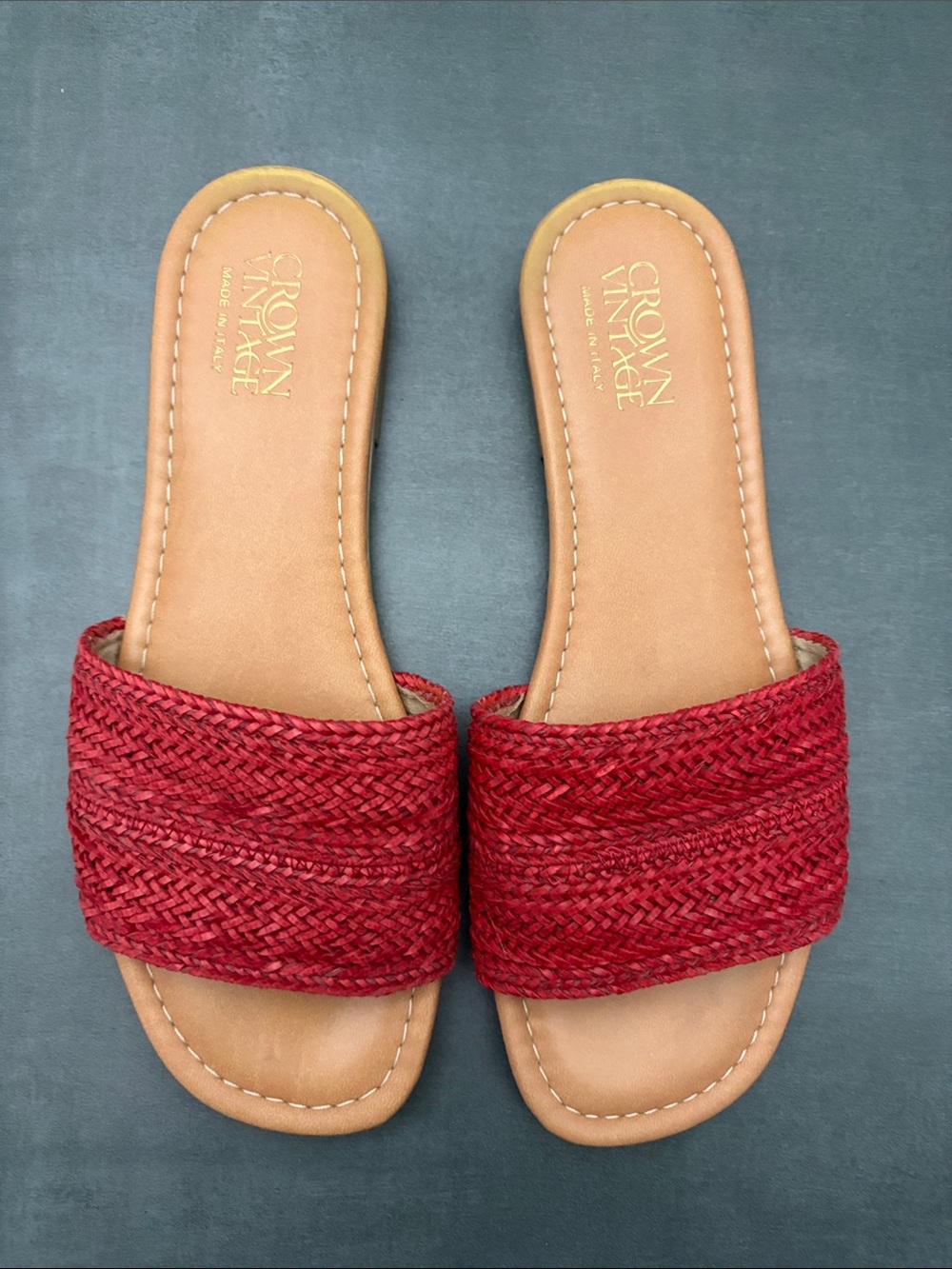 Crown Vintage Red Braided Slide Sandals with Tan Footbed
